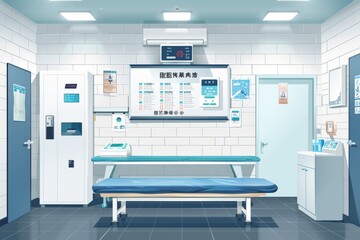 Empty emergency room with medical equipment and bright lighting ready for urgent patient care and treatment.