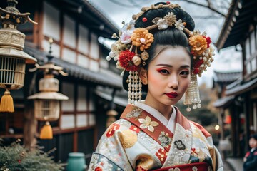 A Japanese girl in a traditional national costume - a kimono. Against the background of houses, lanterns and cherry trees. The portrait symbolizes the traditions and culture of the people of Japan.