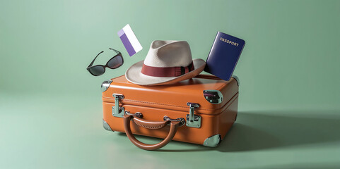 Minimalist 3D cartoon rendering of an Orange Suitcase with Travel, Adventure and Global Exploration Accessories on Mint Green Background. Vacation concept.