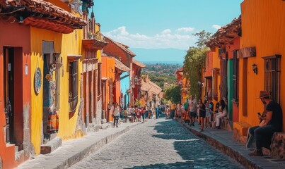 Colorful Buildings Lining a Cobblestone Street in a Latin American City