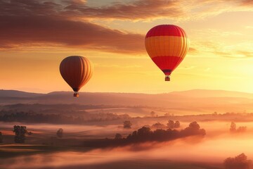 Obraz premium Hot Air Balloons Soaring Over Foggy Hills at Sunrise