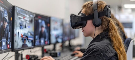 A woman using virtual reality headset for gaming simulation. Fictional character. Generative AI technology.	
