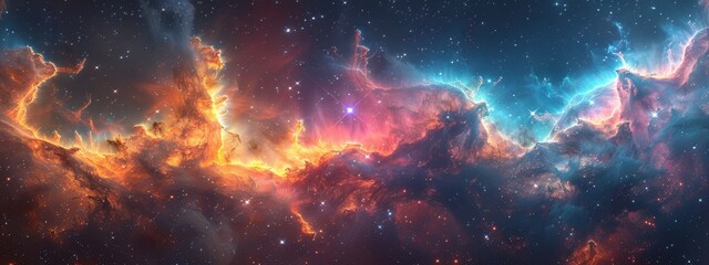Fototapeta premium Cosmic Canvas: A vast nebula with a painterly quality, showcasing a blend of soft colors purples, blues, and teals with sharp accents of glowing gas, resembling a cosmic artwork.