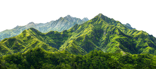 Landscape with mountains, lush green vegetation, isolated on a transparent background