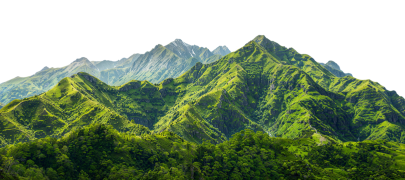 Landscape with mountains, lush green vegetation, isolated on a transparent background
