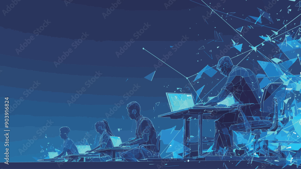 Wall mural Group of business people working on laptop. Teamwork concept. Vector illustration