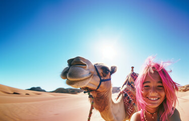 Camel in desert. Young girl with pink hair on a hot summers day in the sahara. Morocco camel riding. Selfie with animal. Hump camel ride on vacation holiday egypt.	