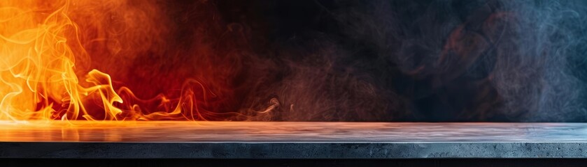 Fototapeta premium Blank table with fire and smoke, showcasing products in a fiery environment, Dramatic, Vivid colors, Contrasting lighting