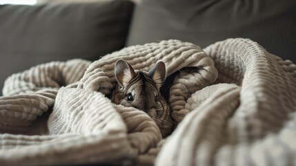 Chinchilla wrapped in a cozy blanket. Warm and cute.