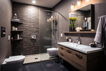 A contemporary small bathroom featuring a sleek glass-enclosed shower, floating vanity with dual sinks, modern fixtures, and textured tile walls.
