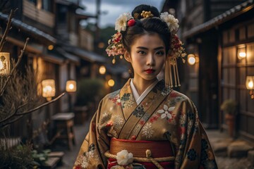 Fototapeta premium A Japanese girl in a traditional national costume - a kimono. Against the background of houses, lanterns and cherry trees. The portrait symbolizes the traditions and culture of the people of Japan.