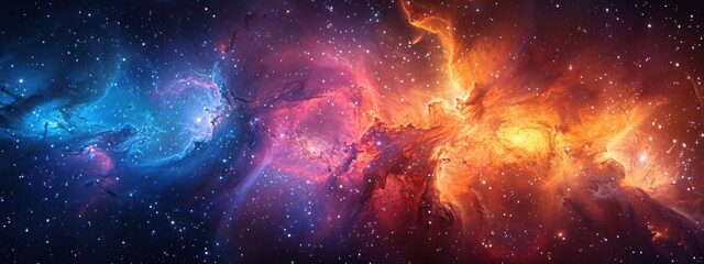 Obraz premium Cosmic Tapestry: A panoramic view of the universe, showcasing galaxies of various shapes and sizes, nebulae in vibrant colors, and star clusters twinkling against a deep black backdrop.unknown.