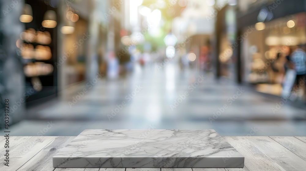 Poster mockup marble board on table in front of blurred store for displaying products