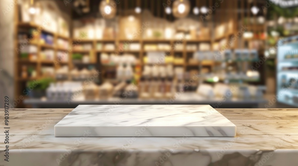 Poster mockup marble board on table in front of blurred store for displaying products