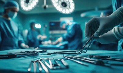 Surgical Instruments and Gloved Hand in Operating Room
