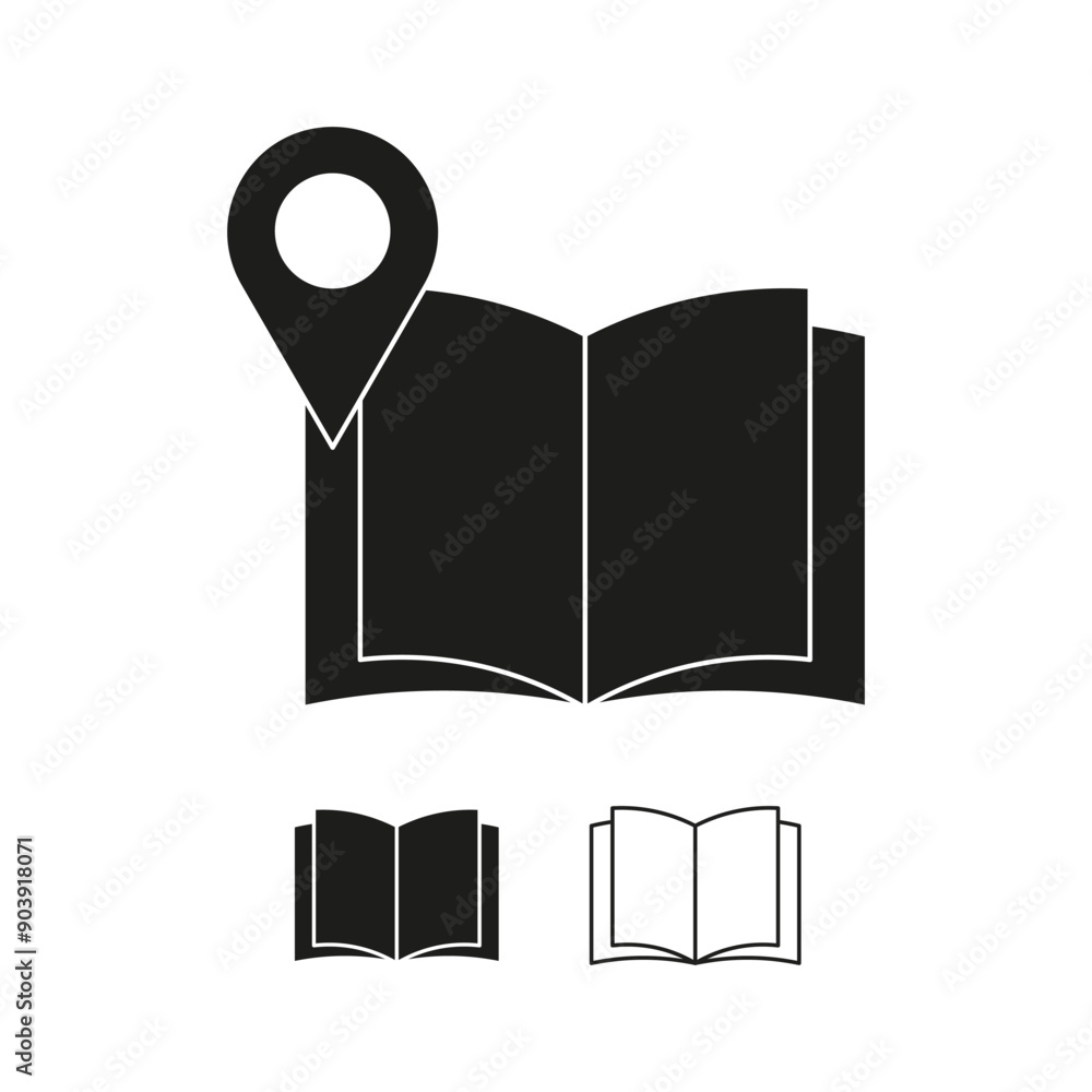 Poster open book icon. map location symbol. vector graphic element. simple black design.