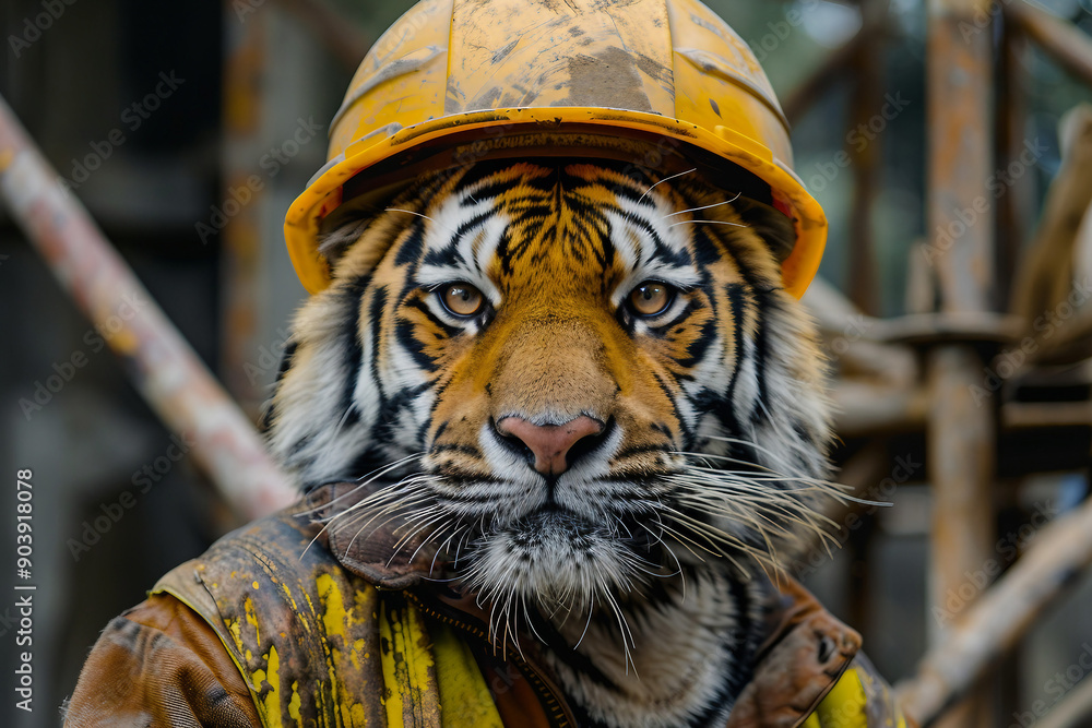 Poster created with generative ai image of a lion animal working as a firefighter