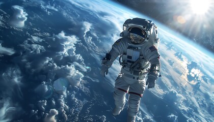 Tourists in orbit, spacewalk outside spacecraft, Earth below, spacesuits, ultrarealistic, highresolution, detailed scene, exhilarating space experience