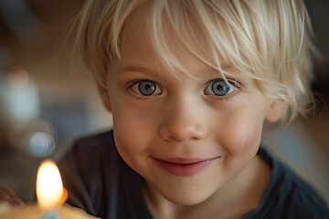 Birthday party with beautiful tasty cake and candles, full family kids pets friends, Generative AI