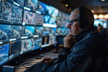 An individual is intently observing several monitors displaying complex data and charts in a high-tech control room, signifying modern technology and vigilance.