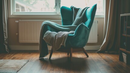 A cozy armchair draped with a knitted blanket
