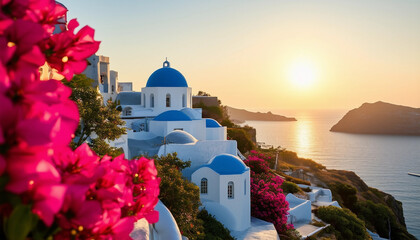Obraz premium A stunning coastal village with pristine whitewashed buildings and blue-domed churches, perched on cliffs overlooking a crystal-clear turquoise sea.