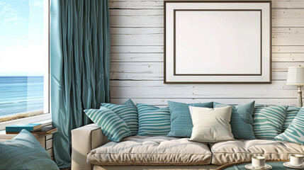 Fototapeta premium Beach House Living Room with Blank Frame on Shiplap Wall