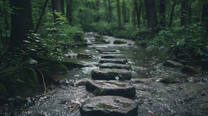 A forest with a babbling brook and stepping stones.