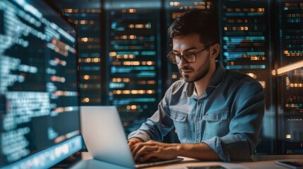 software developer using a laptop in a server room.