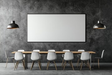 a large blank canvas hanging over a table in a modern office conference room - art mock-up template