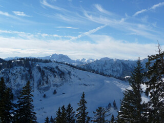 Mountain hiking at Brecherspitze mountain, Bavaria, Germany in wintertime