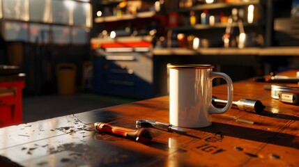A white mug on a workbench in a warm sunlit garage workshop.