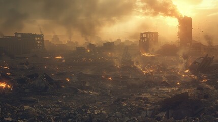 Fototapeta premium A haunting depiction of a post-apocalyptic abandoned city, with destroyed buildings looming amidst a landscape of burning rubble, the air thick with pollution and smoke