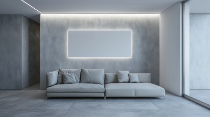 Fototapeta premium Minimalist Living Room with Blank Picture Frame Above Modern Sofa
