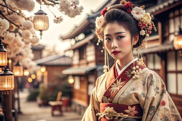 A Japanese girl in a traditional national costume - a kimono. Against the background of houses, lanterns and cherry trees. The portrait symbolizes the traditions and culture of the people of Japan.