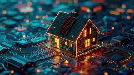 Obraz premium A house is built on a circuit board. The house is lit up with lights and has a solar panel on the roof