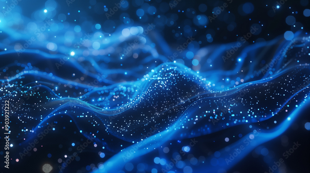 Poster dynamic wave of blue luminous particles, illustrating a digital structure of flowing particles.
