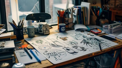 Designer’s desk filled with logo concept sketches, perfect for showcasing creative process and graphic design inspiration"