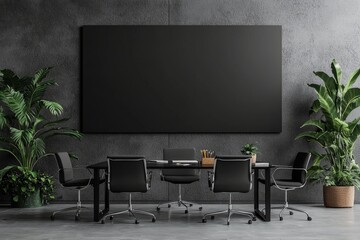 a large blank canvas hanging over a table in a modern office conference room - art mock-up template
