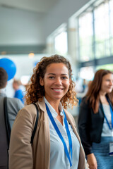 Obraz premium Smiling young woman with conference badge at a professional event. Indoor event photography. Business and networking concept for design and print