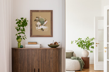 Stylish interior with a wooden cabinet adorned with potted plants, decorative objects, and books. A...