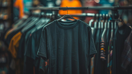 Naklejka premium Black T-Shirt Hanging on Rack in Clothing Store