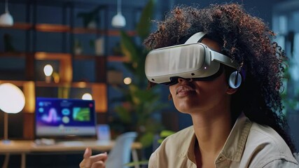 Amazed young woman is wearing VR set, having interesting experience