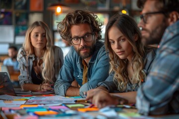 Fototapeta premium A group of four young people in casual clothing are intensely discussing ideas around a table filled with colorful notes and papers in a dynamically lit, creative workspace.