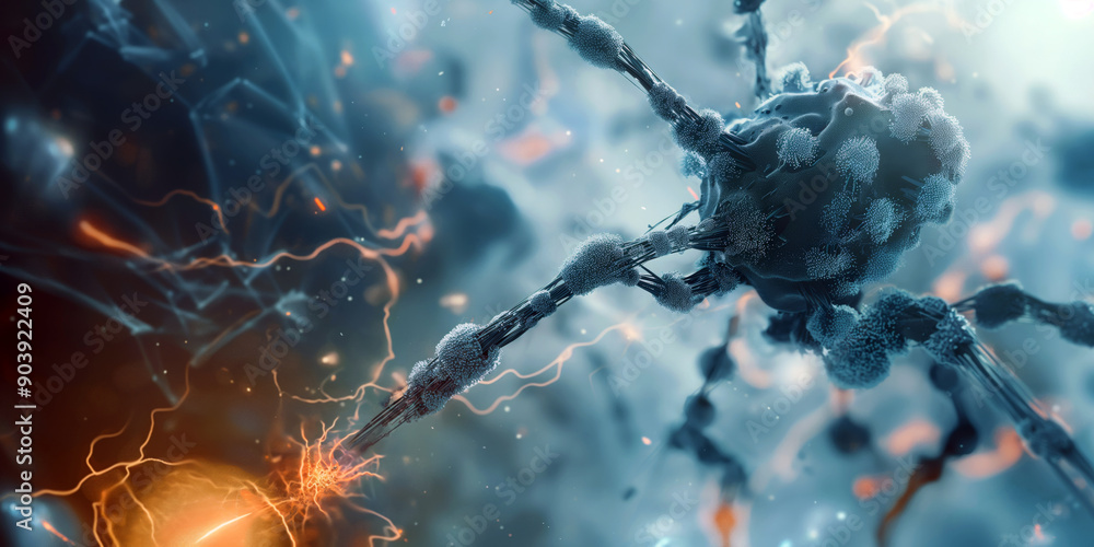 Poster a futuristic representation of nanotechnology in action, with nanoscale robots targeting and destroy