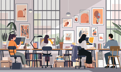 Coworking space with people working modern office interior plants artwork bookshelves large windows minimalistic design