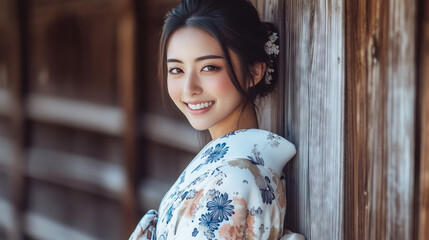 Fototapeta premium Young woman in traditional Japanese kimono with floral patterns standing by a wooden building. Outdoor portrait photography. Cultural heritage and fashion concept for design and print