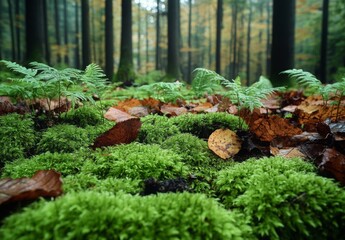 Obraz premium A rich, detailed shot of the forest floor, featuring a thick carpet of moss, newly sprouted ferns, and a mix of fallen leaves in various stages of decay