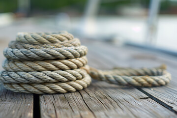 Fototapeta premium Neatly Coiled Marine Ropes on Wooden Deck in Soft Focus 