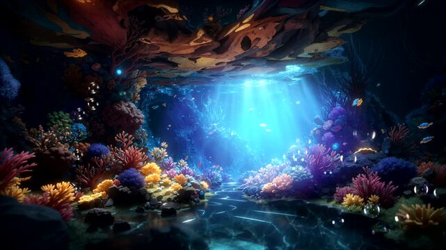 sunlight underwater. underwater view of the cave
